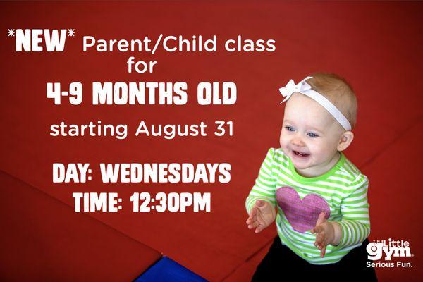 Starting Aug 31, 2022, Wednesday, 12:30pm, *new* Parent/Child class for 4-9 month old babies has been added to our schedule!!