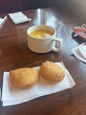 Fried donuts and egg drop soup