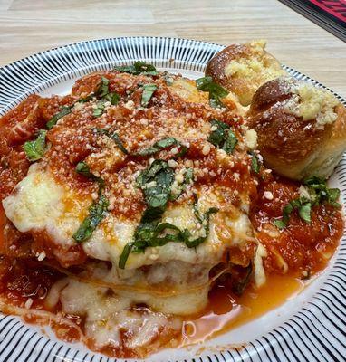 meat lasagna; comes with two garlic knots