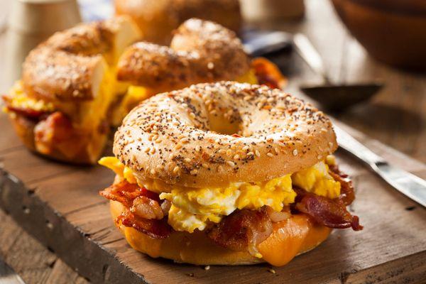 Bacon, Egg and Cheese on a fresh baked everything bagel.