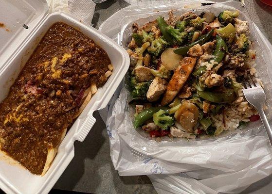 Chicken stir fry and bacon chili cheese fries