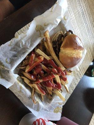 Flat woods Burger and fries. Cheeseburger.