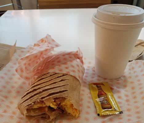 "Big Bacon Bar-rito" and drip coffee.