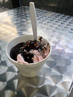 Strawberry and chocolate Cookie dough with hot fudge