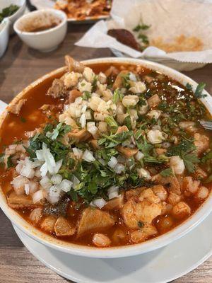 Menudo and chilaquiles with birria. Tortillas were not handmade...that was a downer.