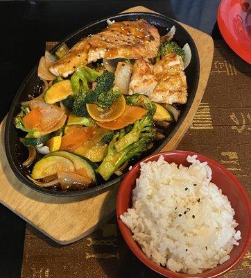 Teriyaki Salmon comes with rice, salad, and soup. Great portion and flavorful. Served hot and crispy!