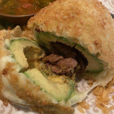 Steak stuffed inside the avocado