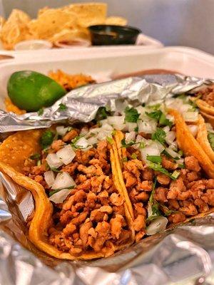 carne asada tacos w/ rice and beans (black container is queso)