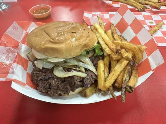 Double cheese burger with grilled onions and pepperjack