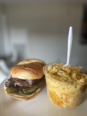 Brisket Sandwich and Pint of Mac & Cheese