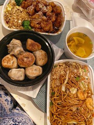 Shrimp Lo Mein combo, Boiled or Fried Dumplings (8), wonton soup, and sesame chicken combo