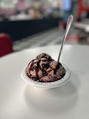 Black Cherry - 1 Scoop with chocolate syrup in a waffle bowl