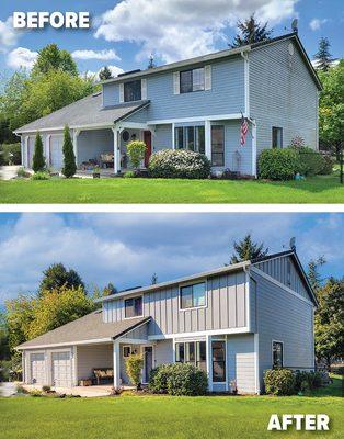 Before & After Photo with new James Hardie Fiber Cement siding & Sherwin-Williams paint.