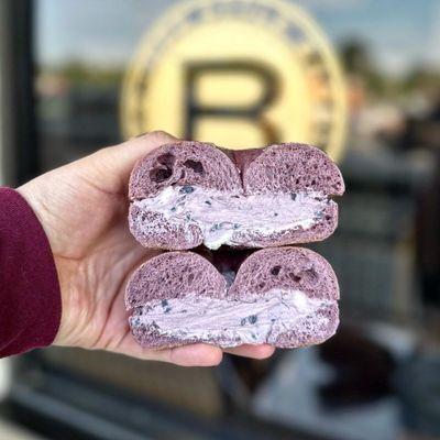 Blueberry bagel with triple berry cream cheese -- next time I would do regular cream cheese instead