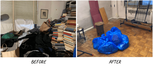 Before / after of our team performing bed bug preparation and decluttering in a NY apartment.