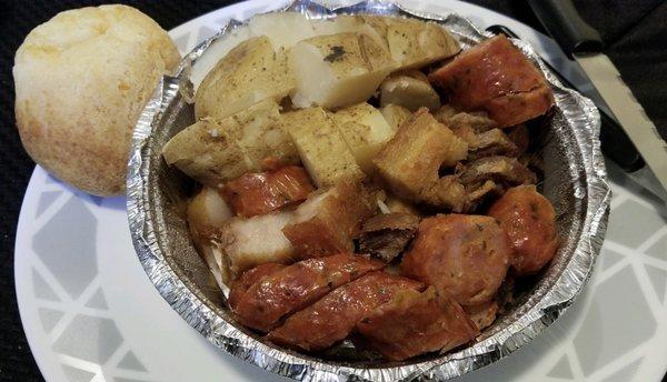 Chorizo, pork belly, and a potato with Pandebono - Cheese Bread (Gluten-free)