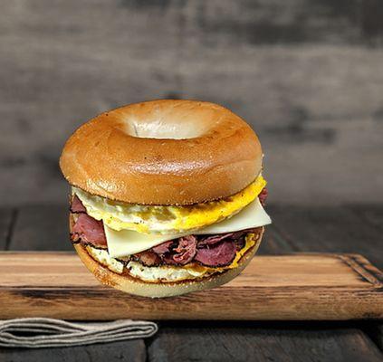 New Yorker, Pastrami, Egg, Swiss Cheese on your choice of bagel