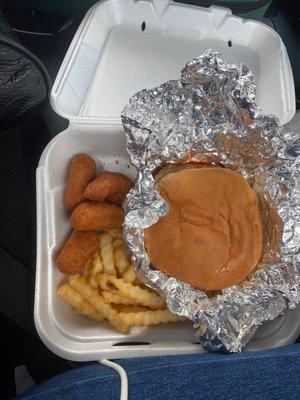 1/4 lb burger, hush puppies, fries