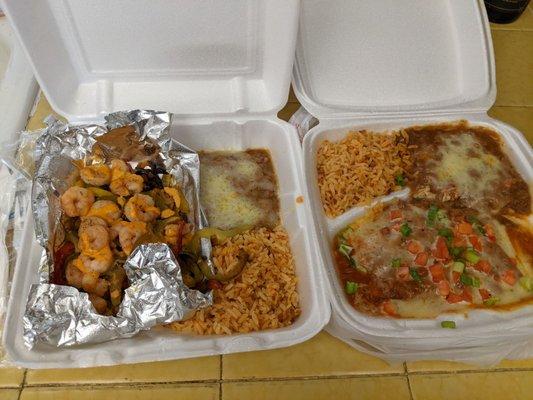 L-R: Shrimp Fajitas, $20.99 prior to tax. Tacolada Platillo, $13.49 prior to tax