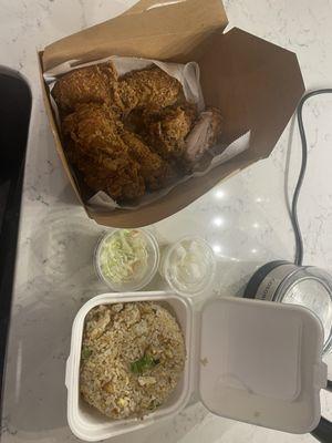 8 piece soy garlic with fried rice. Comes with pickled radishes and coleslaw.