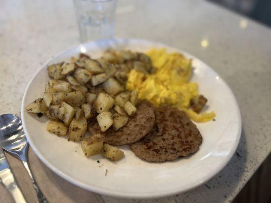 Scrambled Eggs and Turkey Sausage Patty with Breakfast Potatoes