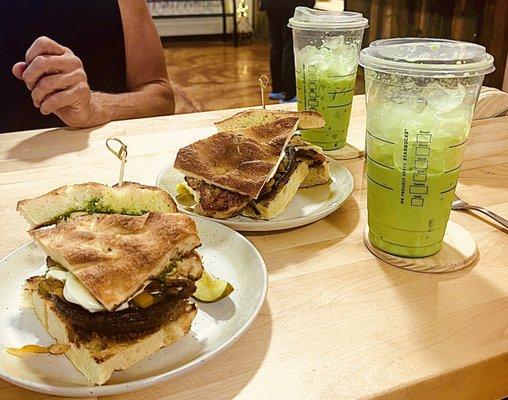 Grilled portobello and chicken on focaccia