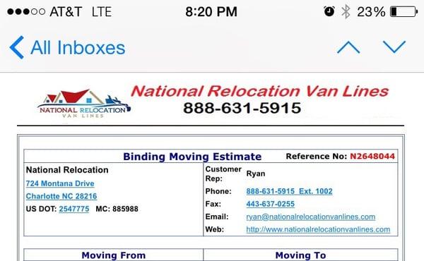 Note original email comms from National Relocation Van Lines. Note (888)#