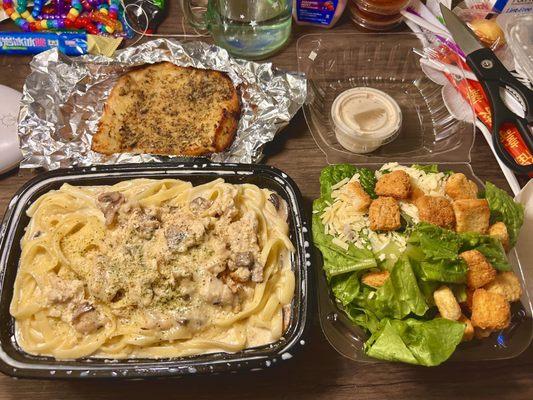 03. Fettuccine Alfredo with Chicken, Caesar Salad, 8. Garlic Bread