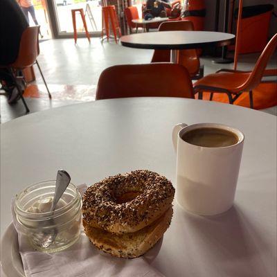 Continental everything bagel and domestique coffee