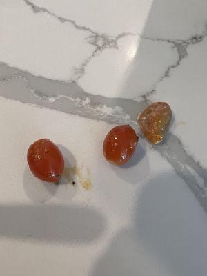 3 tiny tomatoes. One is rotten