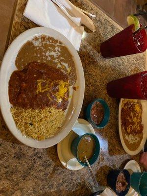 3 TexMex Cheese Enchiladas Rice & Refried Beans, a Bowl of Bean Soup, Chips and Salsa. Very  yummy!