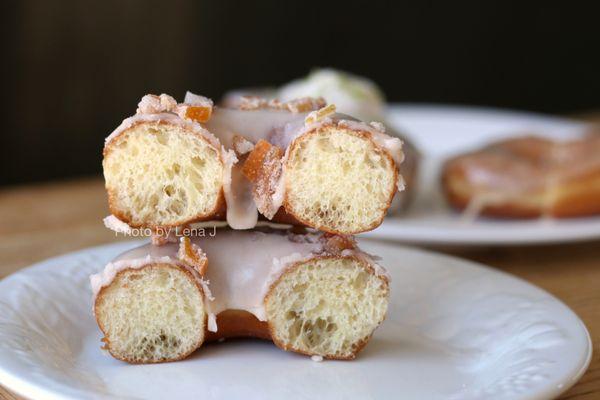 Inside of Grapefruit Cardamom Donut ($3.50) - ruby red grapefruit glaze, house made candied grapefruit peel rolled in cardamom