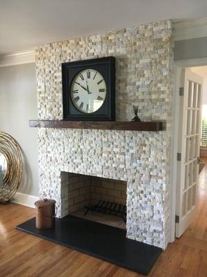 Stone fireplace and granite hearth