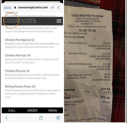 Online price vs receipt for items reflected from online photo