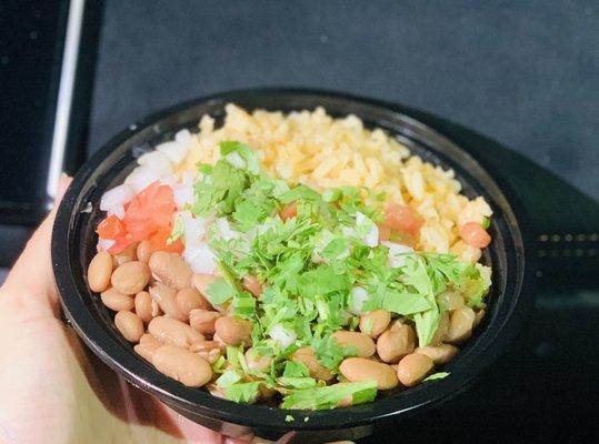 2022.JULY23- 20 oz. Beans and Rice ASK NO sour cream & cheese for **VEGAN option** confirmed w/owner Miguel; made w/water No animal stock