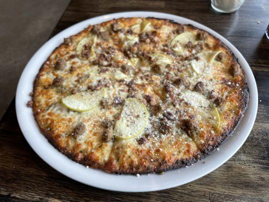 Sausage & Apple pizza on a gluten free crust