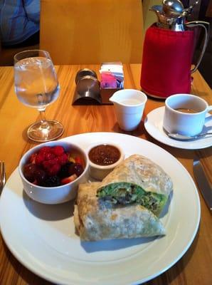 Breakfast burrito with homemade salsa and fruit, the coffee was the best part - cafe motto; an entire urn is setting ON table!