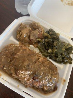 Country fried steak, dressing and collards