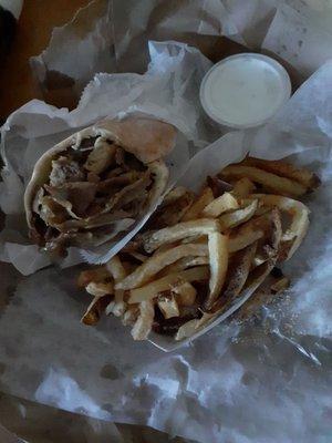 Lamb Gyro and fries with Cucumber sauce.