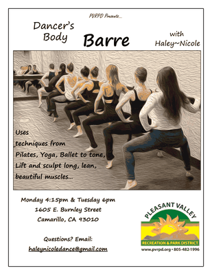 Dancer's Body Barre
 Monday 4:00 
 Tuesday 6:00
 Friday 12:00
 Sundays in Ventura at 6:00