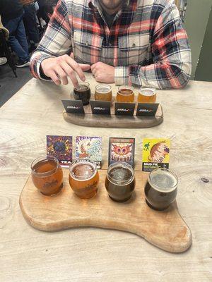 Beer flight with Peach Tea, Strawberry Waffle cone, Creamy Caramel Stout, and Mud Pie