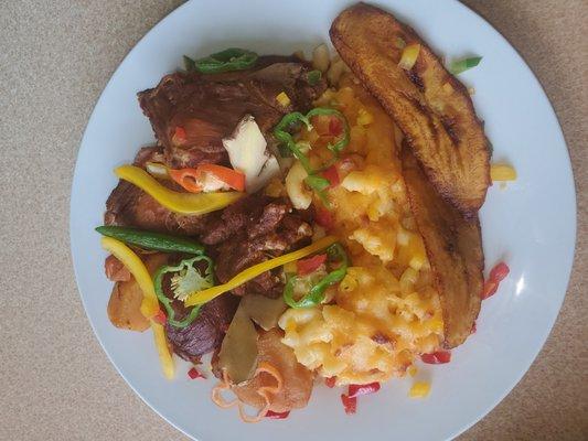 Brown Stew Chicken, Mac&Cheese, Plantains