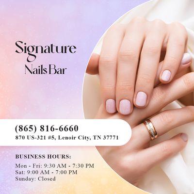 Stay on trend with our latest nail designs. Visit us in August for a fresh, fashionable manicure!  
-----------------------
Signature