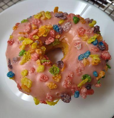 Strawberry glazed Fruity Pebbles donut