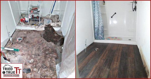 Complete removal of old ceramic tile floor w/ installation of new water resistant vinyl flooring.