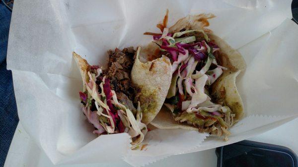 BBQ tacos (one brisket and one pulled pork). So good that we forgot to take the pic before we started scarfing it down!