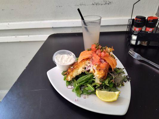 Salmon lox waffle and lavender lemonade