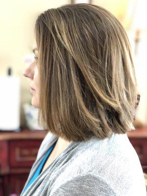 Trimmed a few inches off of this busy Mom's hair to help make life a little easier. Love this length!