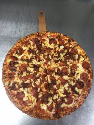 Pepperoni, Bacon, and Pineapple pizza