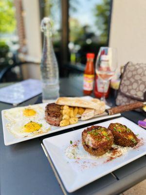 Scotch eggs, steak and eggs for breakfast.